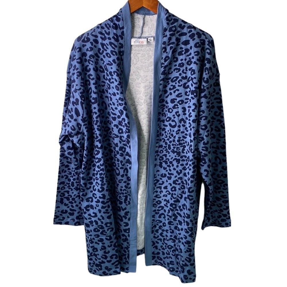 Denim&Co D&C  Animal Print Open Front Long Duster Cardigan Pocket Waffle Thermal